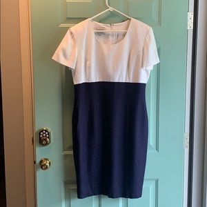 Constance Saunders ivory and dark navy blue dress